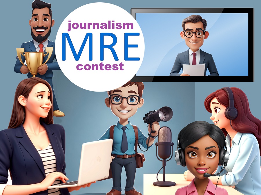 MRE journalism contest reporter/editor with trophy, newscaster, television anchor, photograph, podcaster/radio